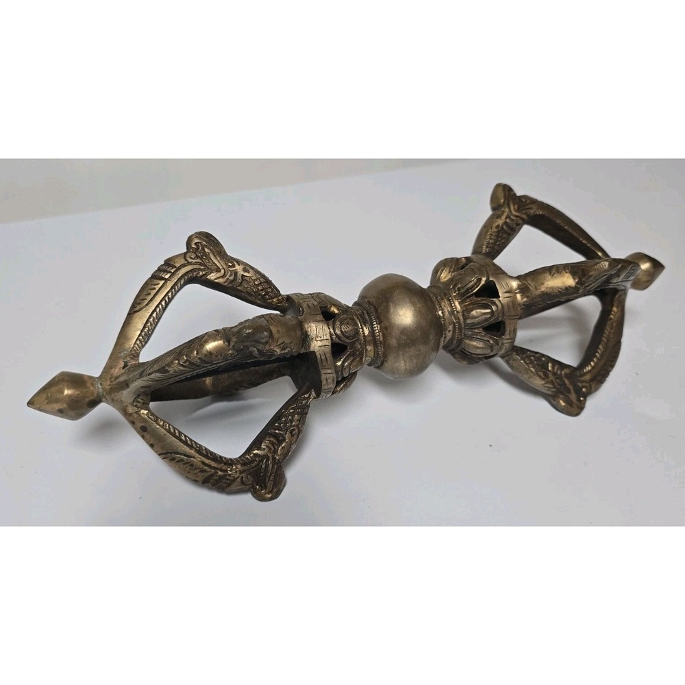Antique Brass Tibetan Buddhist 5 pronged Vajra/Dorje 13" - Picture 7 of 16